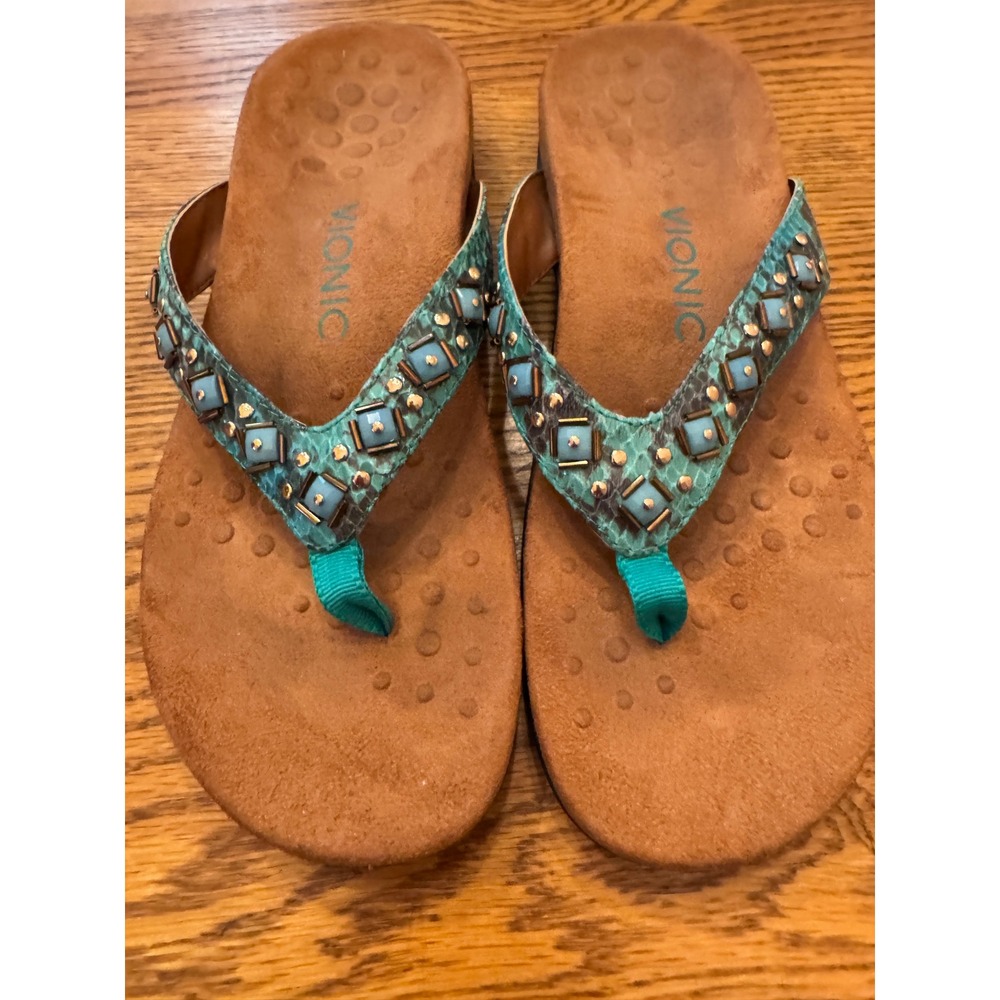 Vionic Sandals Women 7 Teal Snakeskin Beaded Orthotic Floriana Thong Resort